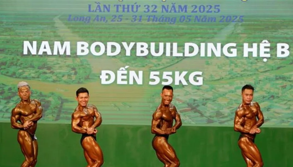 Giải thể hình vô địch quốc gia 2025 đang thi đấu tại Long An. Ảnh: TTXVN