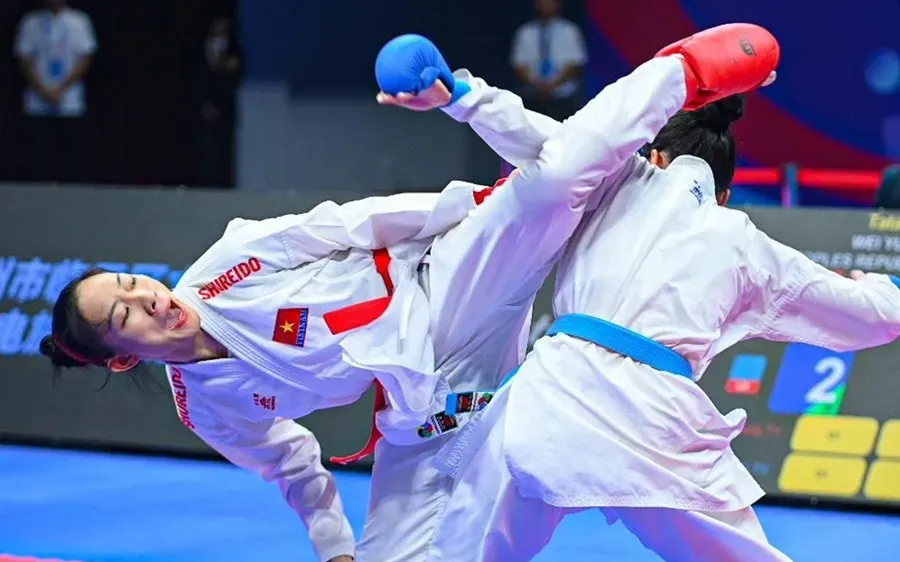 Võ sĩ Hoàng Thị Mỹ Tâm có trong thành phần đội tuyển karate Việt Nam thi đấu ở Malaysia. Ảnh: AKF