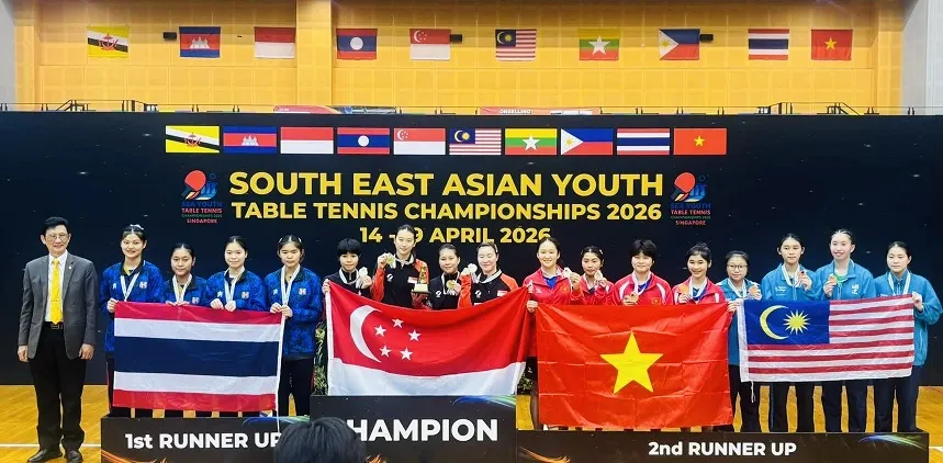 Bóng bàn trẻ Việt Nam giành tấm HCĐ nội dung đồng đội nữ U19 tại giải đấu. Ảnh: SEATABLETENNIS