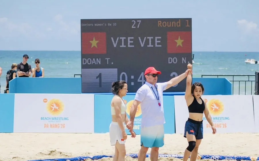 Tuyển thủ Việt Nam đã thi đấu xuất sắc tại giải vật bãi biển thế giới 2026 ở Đà Nẵng. Ảnh: Liên đoàn vật Việt Nam