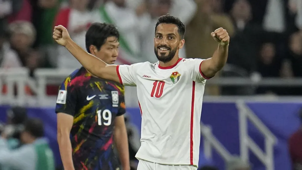 Mousa Al-Tamari ăn mừng chiến thắng Hàn Quốc ở bán kết Asian Cup 2023