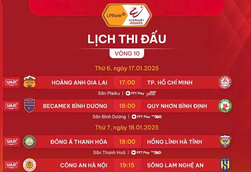 Lịch thi đấu vòng 10 LPBank V-League 2024-2025