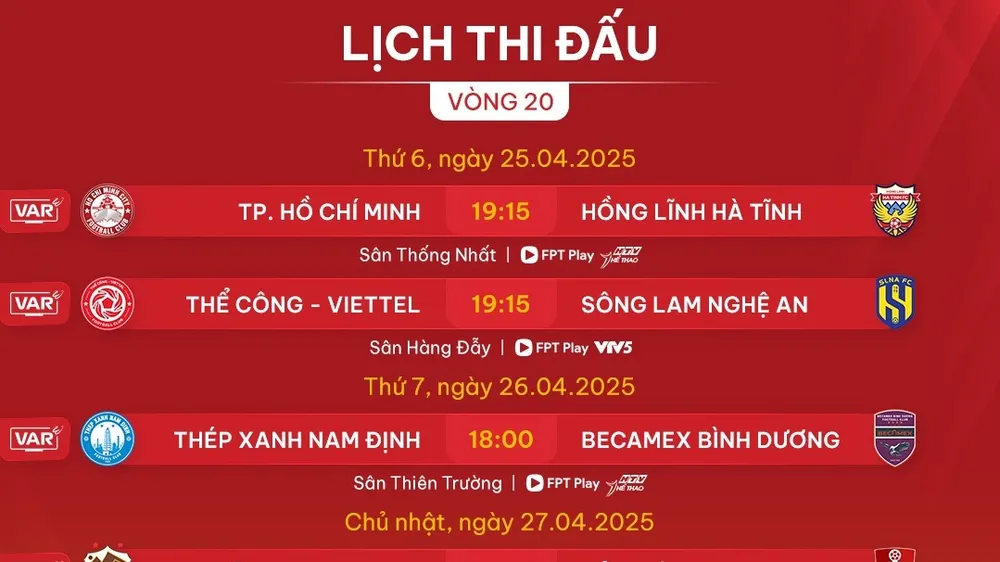 Lịch thi đấu vòng 20 LP Bank V-League 2024-2025