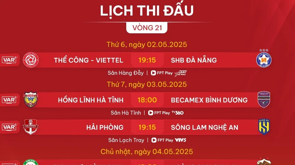 Lịch thi đấu vòng 21 LP Bank V-League 2024-2025