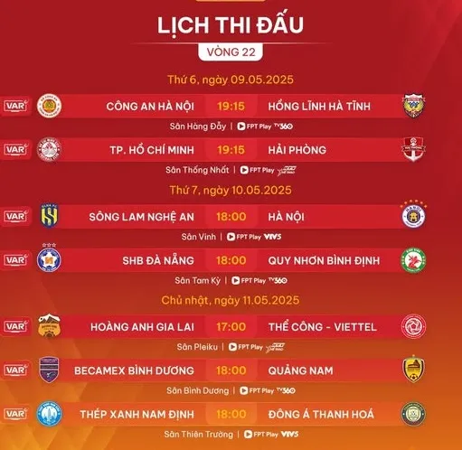 Lịch thi đấu vòng 22 V-League 2024-2025