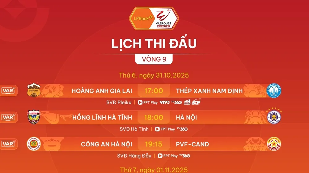 Lịch thi đấu vòng 9 V-League 2025-2026