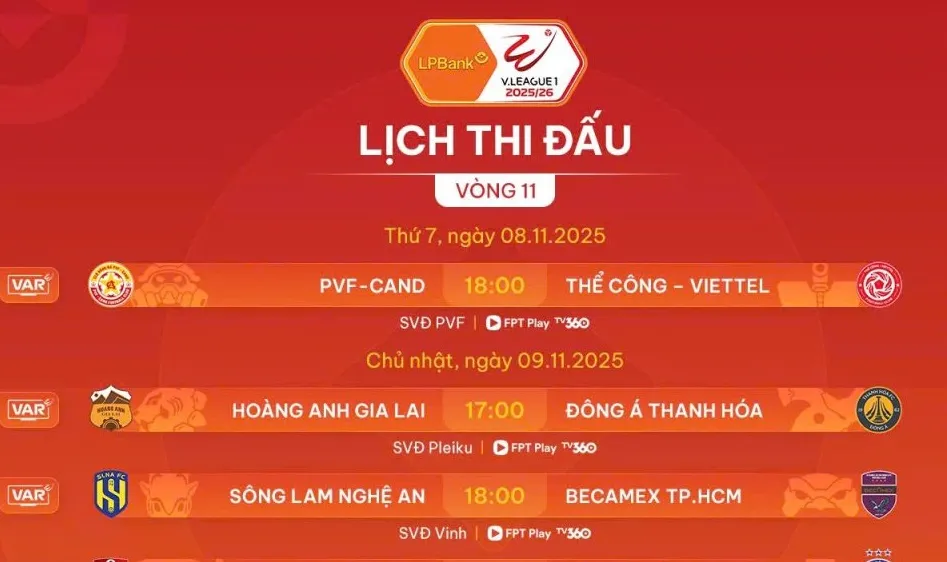 Lịch thi đấu vòng 11 V-League 2025-2026