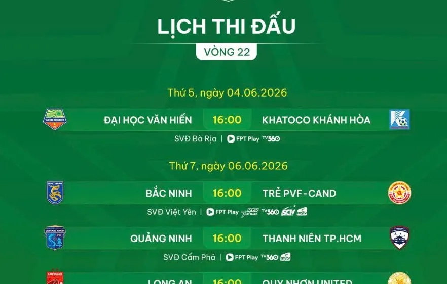 Lịch thi đấu vòng 22 giải hạng Nhất quốc gia 2025-2026