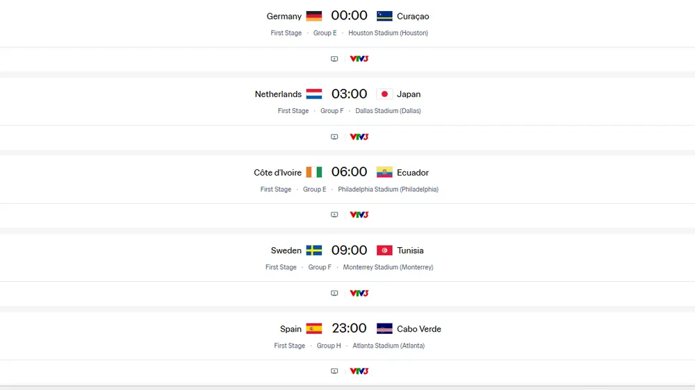Lịch thi đấu Word Cup 2026 ngày 15-6