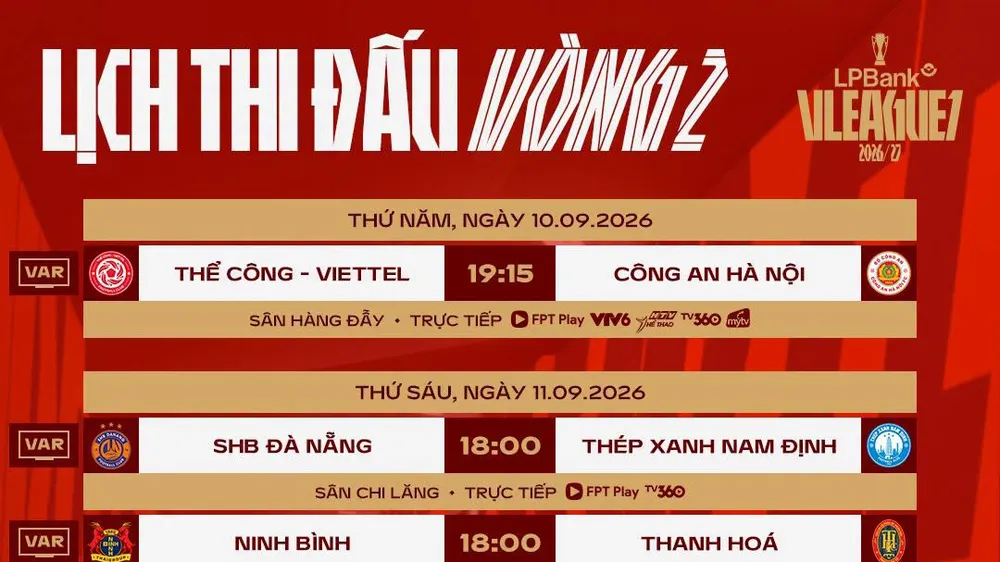 Lịch thi đấu vòng 2 V-League 2026-2027