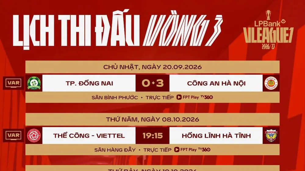 Lịch thi đấu vòng 3 V-League 2026-2027