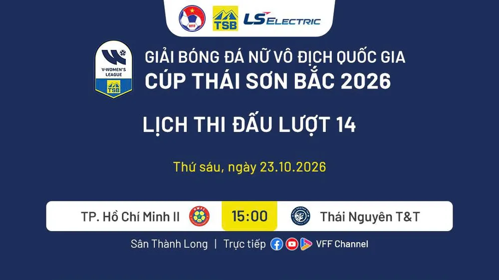 Lịch thi đấu lượt 14 giải bóng đá nữ VĐQG - Cúp Thái Sơn Bắc 2026