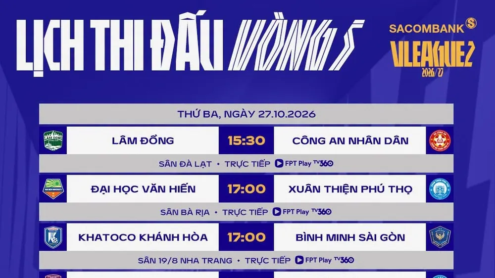 Lịch thi đấu vòng 5 giải hạng Nhất 2026-2027