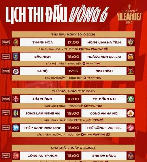 Lịch thi đấu vòng 6 V-League 2026-2027