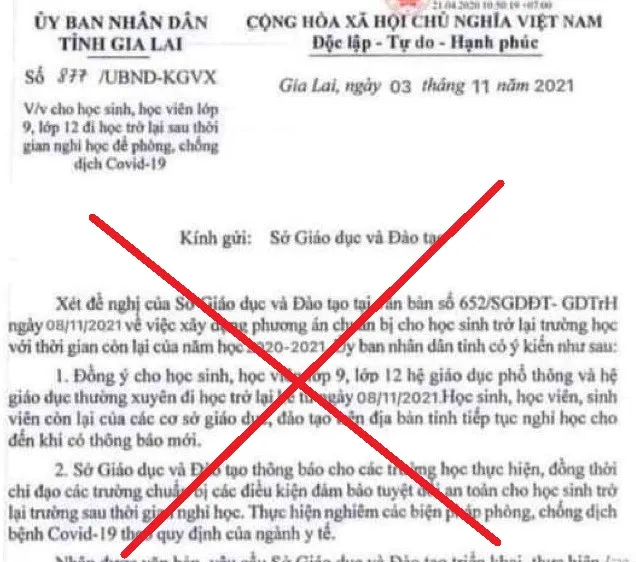 Học sinh lớp 9 và 12 ở Gia Lai đi học trở lại từ ngày 8-11 là tin giả