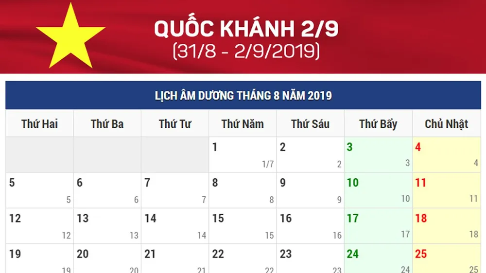 Lịch nghỉ lễ Quốc khánh 2-9