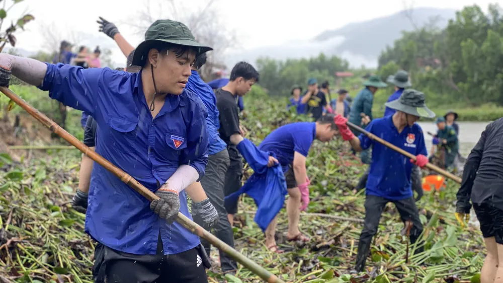 Đoàn viên thanh niên dầm mưa vớt bèo lục bình, khơi thông lối thoát nước tại xã Hòa Nhơn 
