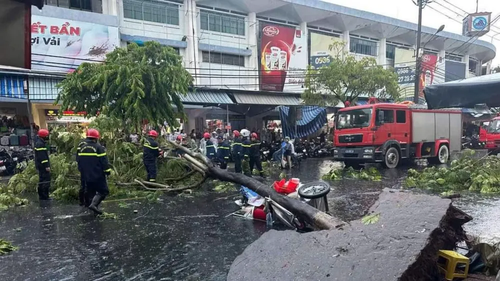 Cây xanh bật gốc chắn ngang đường Ông Ích Khiêm. Ảnh: Công an Thanh Khê