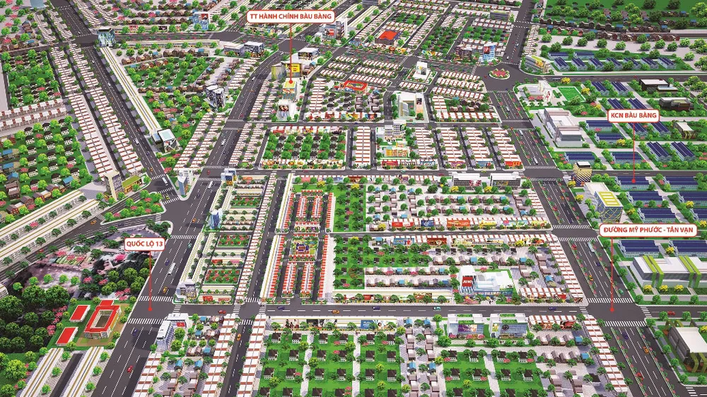 Phối cảnh dự án Golden Future City nằm ngay trung tâm đô thị - công nghiệp Bàu Bàng và hệ thống giao thông xung quanh