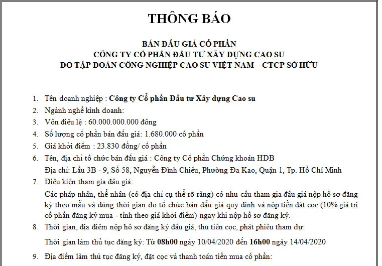 Thông báo: Bán đấu giá cổ phần Công ty Cổ phần Đầu tư Xây dựng Cao su