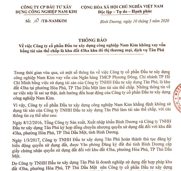 Công ty Nam Kim nói gì về việc thế chấp khu đất 43ha khu đô thị thương mại, dịch vụ Tân Phú?