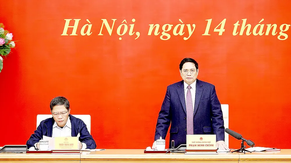 Thủ tướng Phạm Minh Chính phát biểu tại Hội nghị lần thứ 4 Ban Chỉ đạo Trung ương Tổng kết thực hiện Nghị quyết số 19-NQ/TW của Hội nghị Trung ương 6 (khóa XI) về tiếp tục đổi mới chính sách, pháp luật về đất đai. Ảnh: TTXVN