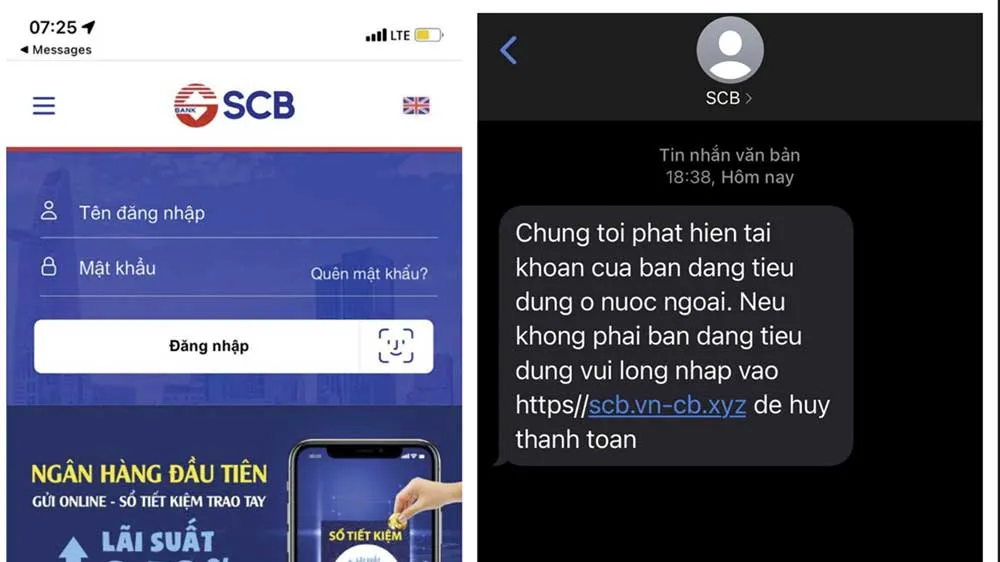 Tin nhắn giả mạo Brandname SCB gửi đến khách hàng có đường link lừa đảo, dẫn đến website mạo danh Ngân hàng