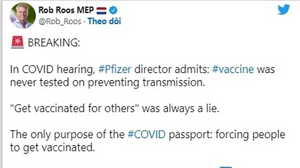 Dòng tweet gây bão mạng của ông Robe Roos về vaccine Covid-19