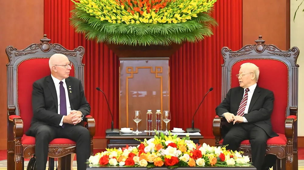 Tổng Bí thư Nguyễn Phú Trọng tiếp Toàn quyền Australia David Hurley thăm cấp Nhà nước Việt Nam, chiều 4-4. Ảnh: VIẾT CHUNG