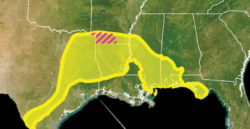 Vùng lấy mẫu thăm dò (sọc đỏ) bên dưới vùng biển cổ đại bang Arkansas nước Mỹ. Ảnh: USGS