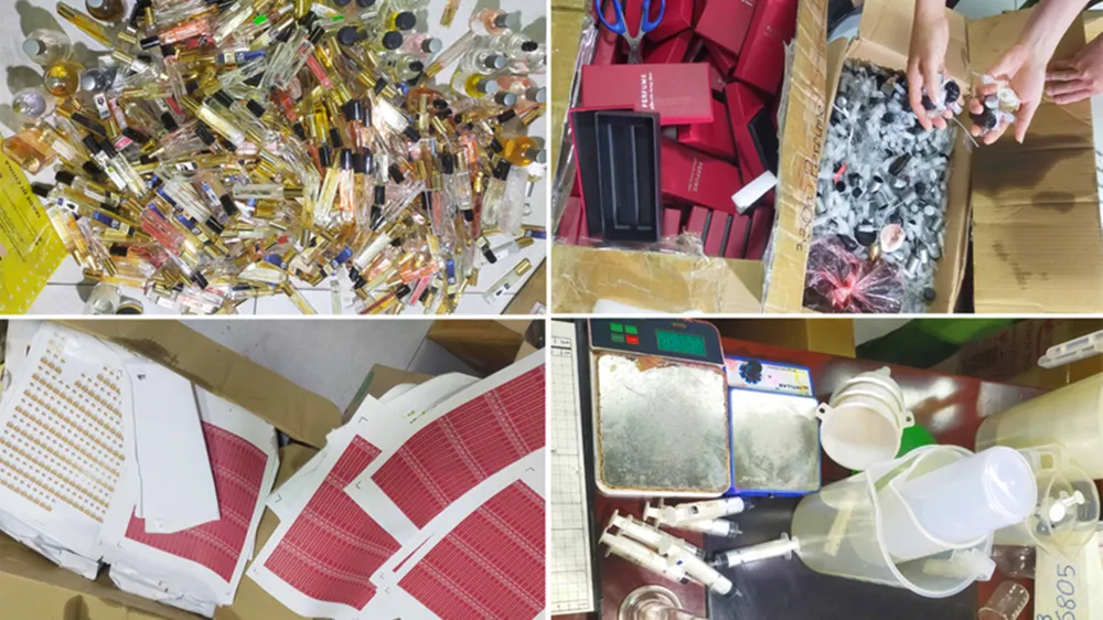 Hương liệu các loại nước hoa sử dụng để sản xuất nước hoa giả. Ảnh: CÔNG AN THANH HÓA 