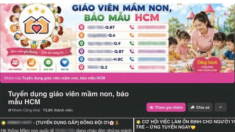 Nhiều cơ sở mầm non tuyển dụng bảo mẫu trước thềm năm học mới 2026-2027 (Ảnh chụp màn hình Facebook)