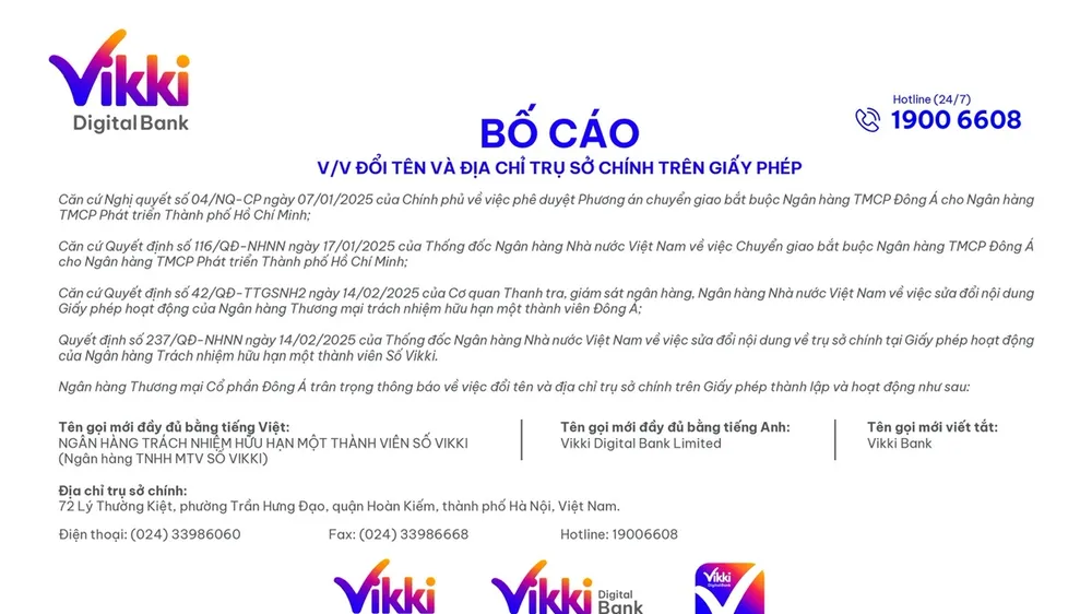 Bố cáo về việc Ngân hàng Thương mại Cổ phần Đông Á đổi tên và địa chỉ trụ sở chính trên giấy phép