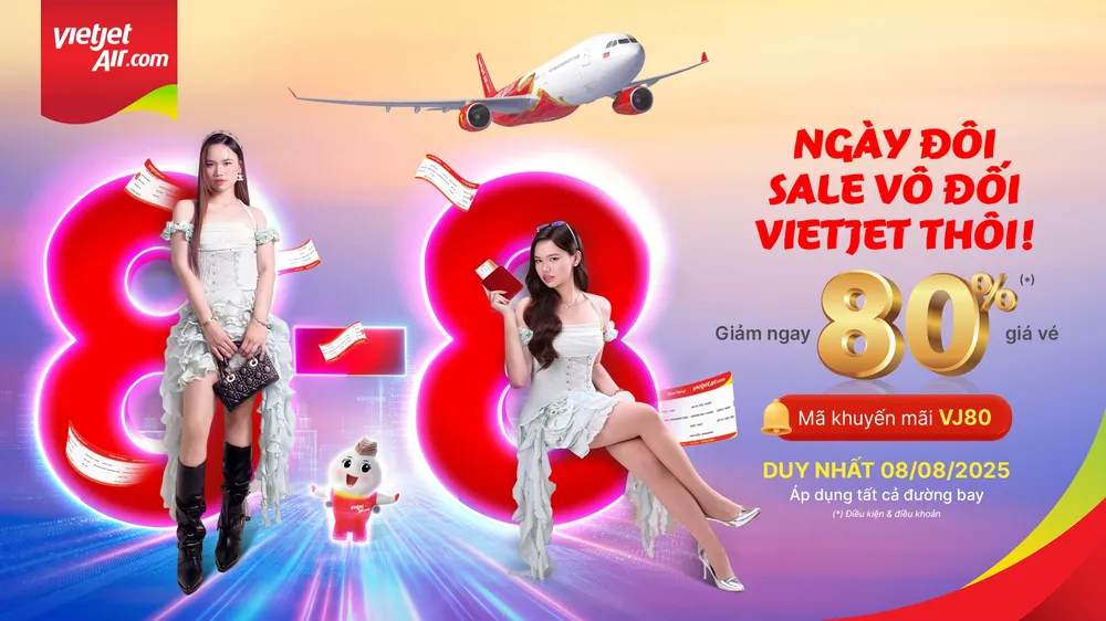 Tưng bừng đón ngày đôi 8-8, Vietjet giảm tới 80% giá vé cho tất cả các đường bay