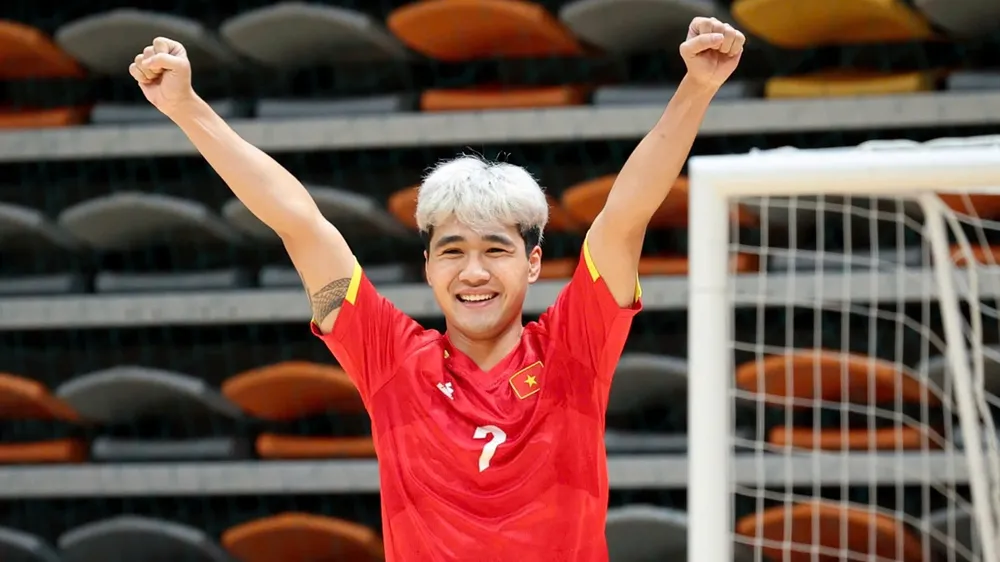 Nguyễn Đa Hải ăn mừng bàn thắng ghi cho đội tuyển futsal Việt Nam tại vòng loại Giải futsal châu Á 2026. ẢNH: ANH TRẦN 