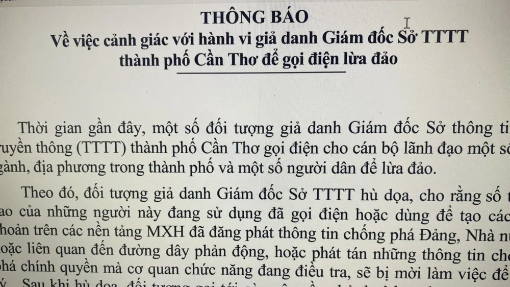  Cảnh giác với hành vi giả danh Giám đốc Sở TT-TT TP Cần Thơ để gọi điện lừa đảo