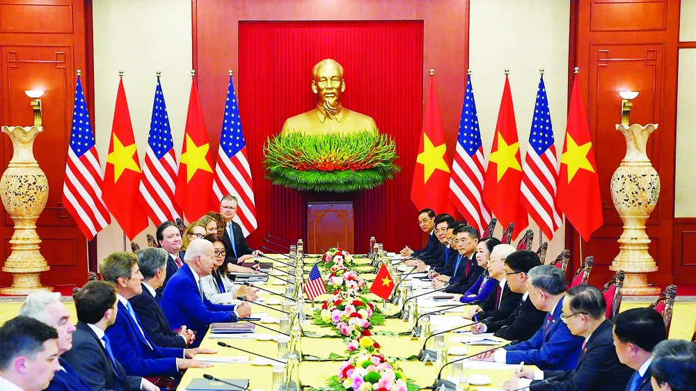 Tổng Bí thư Nguyễn Phú Trọng hội đàm với Tổng thống Joe Biden. Ảnh: VIẾT CHUNG