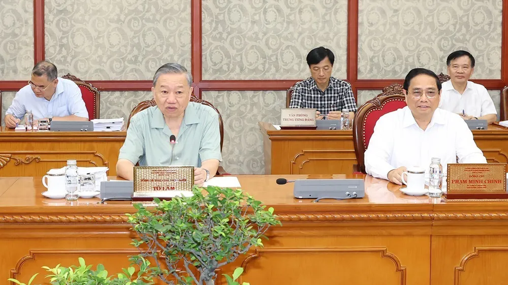 Tổng Bí thư, Chủ tịch nước Tô Lâm và Thủ tướng Phạm Minh Chính dự phiên họp. Ảnh: TTXVN