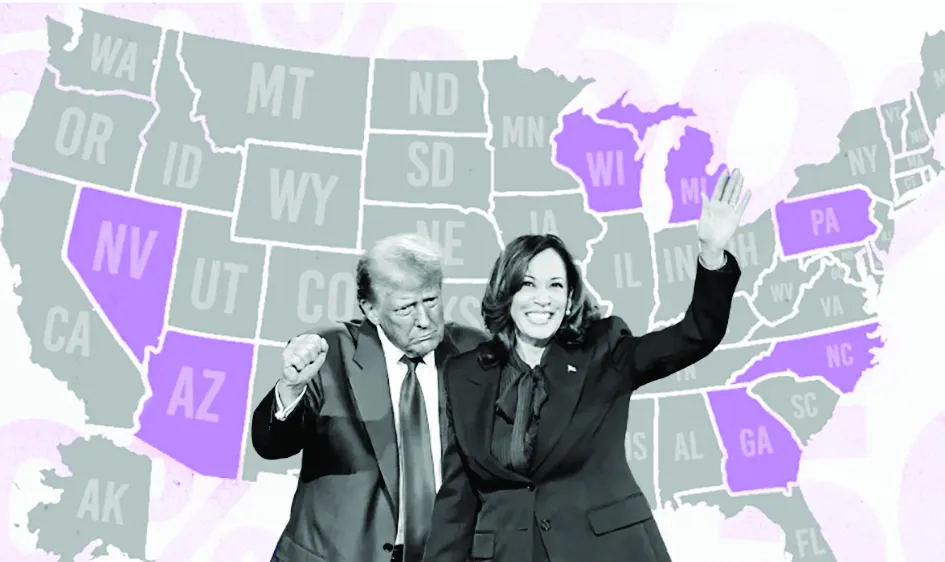 Ứng viên đảng Cộng hòa Donald Trump và ứng viên đảng Dân chủ Kamala Harris có tỷ lệ ủng hộ sít sao tại 7 bang chiến trường (màu tím). Ảnh: RNZ