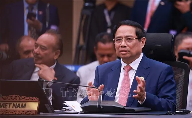 Thủ tướng Phạm Minh Chính phát biểu tại Hội nghị Cấp cao ASEAN - Australia lần thứ 5. Ảnh: TTXVN 