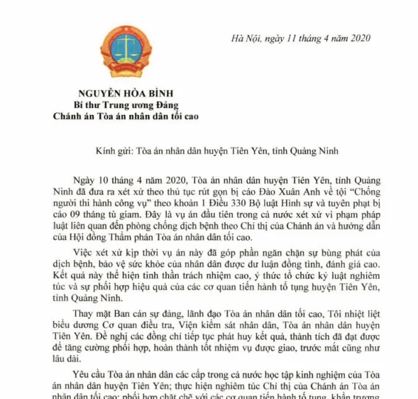 Chánh án TAND Tối cao gửi thư khen tòa xử vụ đầu tiên liên quan Covid-19