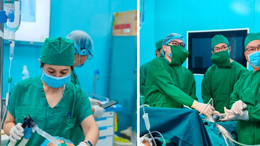 BS.CKI Nguyễn Thị Thanh Trúc (BV Bình Dân) trực tiếp gây mê, BS.CKII Vũ Khương An (BV Bình Dân) phẫu thuật viên chính cùng với ê- kíp y, bác sĩ của Trung tâm Y tế Quân dân Y Côn Đảo phẫu thuật nội soi cho người bệnh