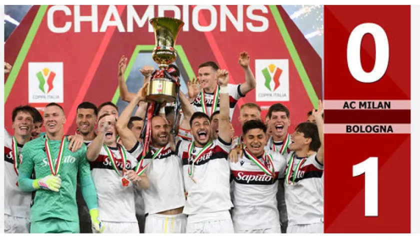 AC Milan vs Bologna 0-1: Dan Ndoye chớp thời cơ ghi bàn duy nhất hạ Milan, giúp Bologna đăng quang Coppa Italia sau 51 năm không danh hiệu