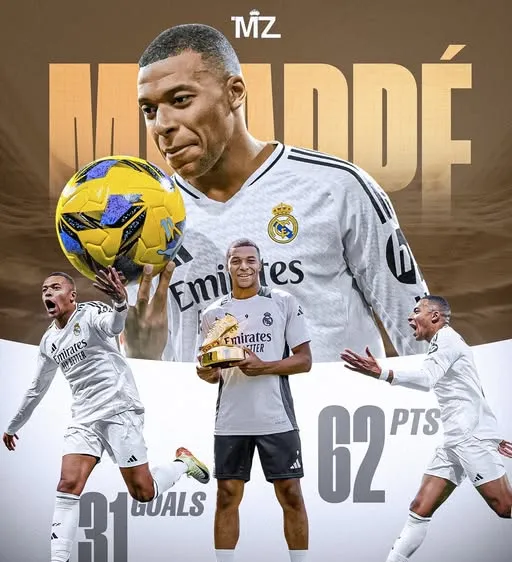 31 bàn thắng cho Real Madrid của ngôi sao Kylian Mbappe ở đấu trường La Liga, xứng đáng Pichichi, hơn Lewandowski 4 bàn, giành European Golden Shoe 2024/25