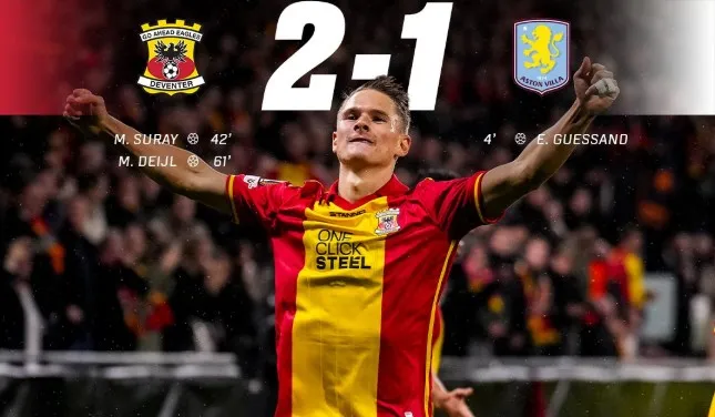 Go Ahead Eagles vs Aston Villa 2-1: Guessand sớm dệt mộng chiến thắng nhưng Suray gỡ hòa, Deijl phá tan giấc mơ 3 điểm của Aston Villa