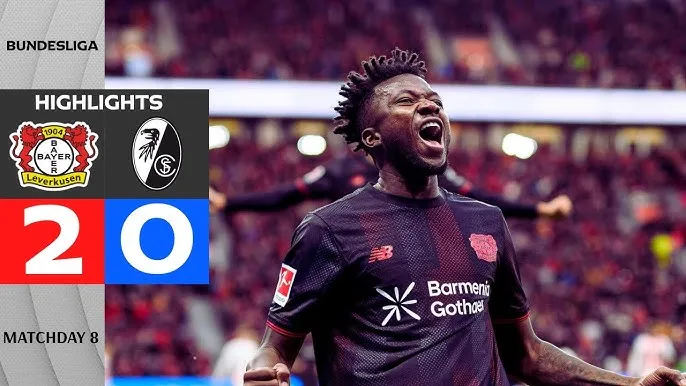 Bayer Leverkusen vs Freiburg 2-0: Ernest Poku sút xa mở tỷ số, Edmond Tapsoba đánh đầu cận thành nhân đôi cách biệt, Philipp Lienhart bị thẻ đỏ