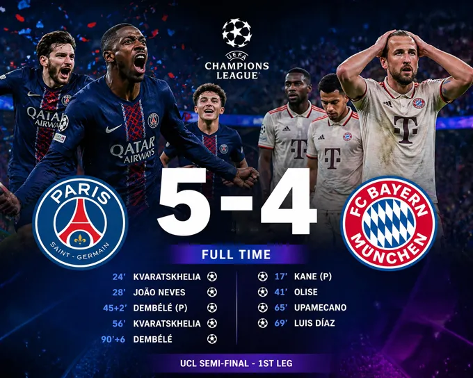 PSG vs Bayern Munich 5-4: Kvaratskhelia, Neves, Dembele xuất thần tỏa sáng, Harry Kane, Olise.Upamecano, Diaz lập công, hấp dẫn lượt về