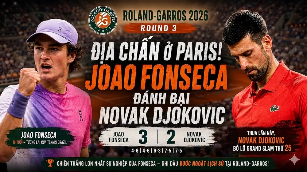 Joao Fonseca vs Novak Djokovic 4-6, 4-6, 6-3, 7-5, 7-5: Djokovic vỡ mộng Grand Slam thứ 25, Fonseca gặp Casper Ruud hoặc Tommy Paul ở tứ kết Roland Garros