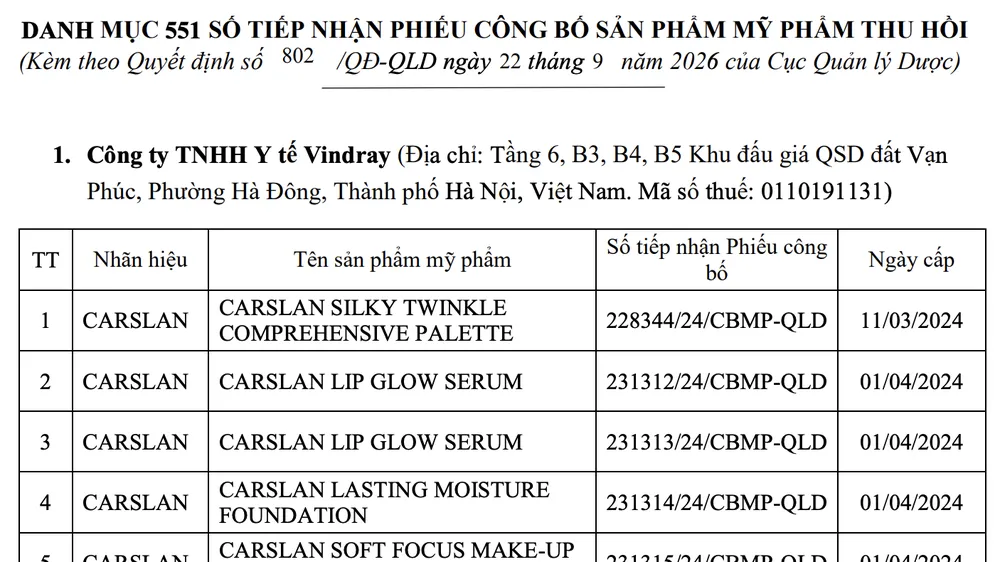 Sản phẩm mỹ phẩm có số tiếp nhận phiếu công bố bị thu hồi. Ảnh chụp màn hình