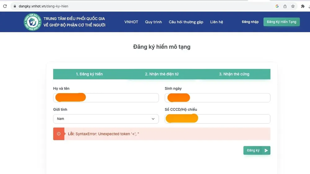 Người dân gặp lỗi khi đăng ký hiến mô tạng tạng trực tuyến chiều 30-10. Ảnh chụp màn hình